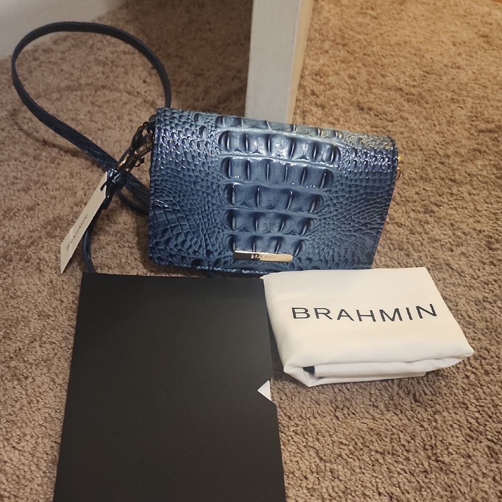 Brahmin Retro Blue Embossed Crossbody Bag